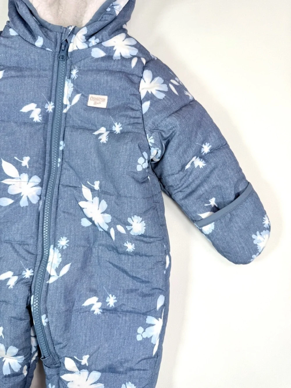 OSHKOSH Baby Girl Snowsuit‎ 6-9M Blue Floral Hooded Winter Puffer Cottagecore